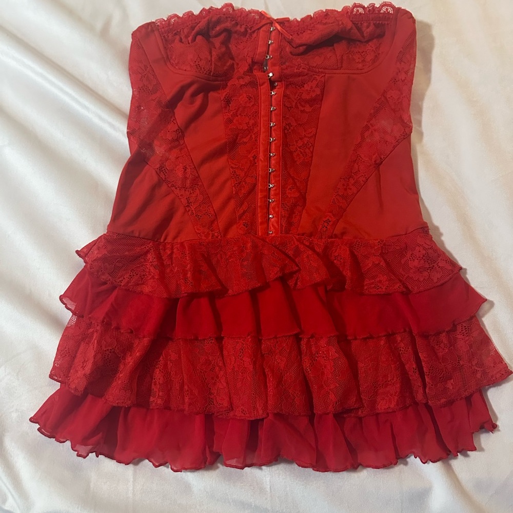 Red Strapless Ruffled Dress